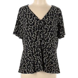 Halogen Short Sleeve Top Black Floral V Neck Ruched Size Large